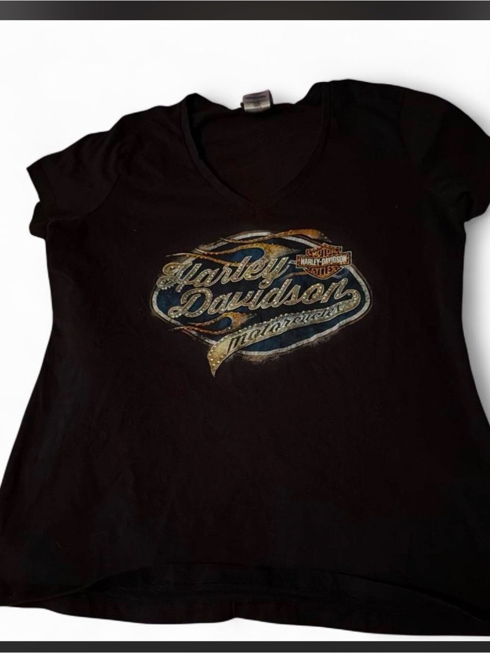 Harley-Davidson Black V-Neck Tee with Gold and Blue Logo
